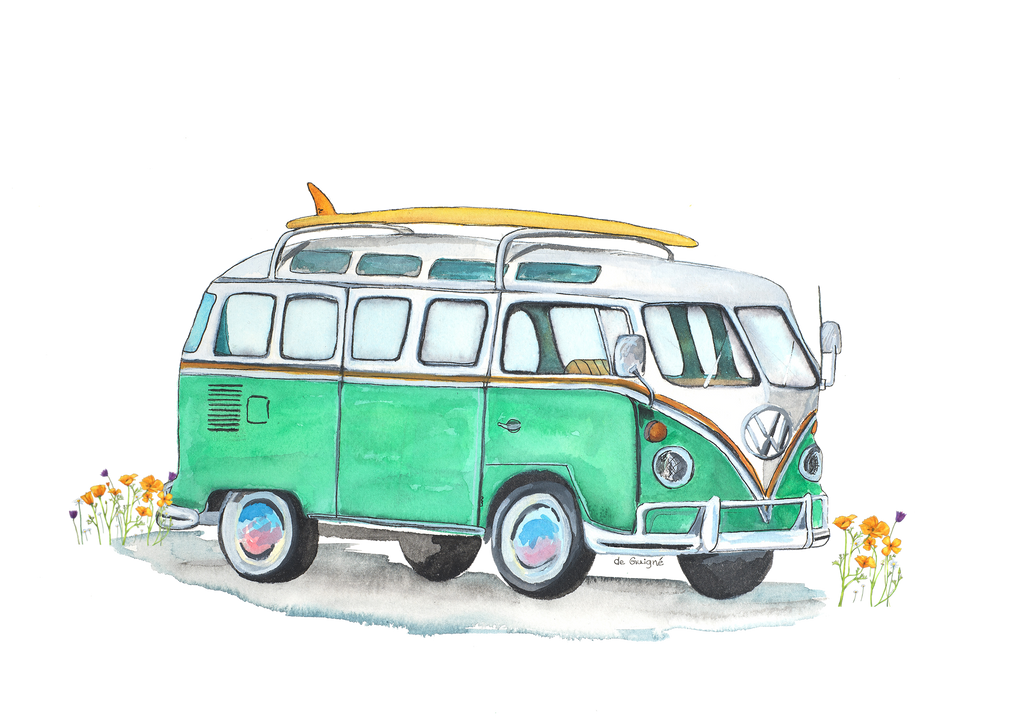 Green VW Bus with Poppies Giclée Print – Freedom Art Studio